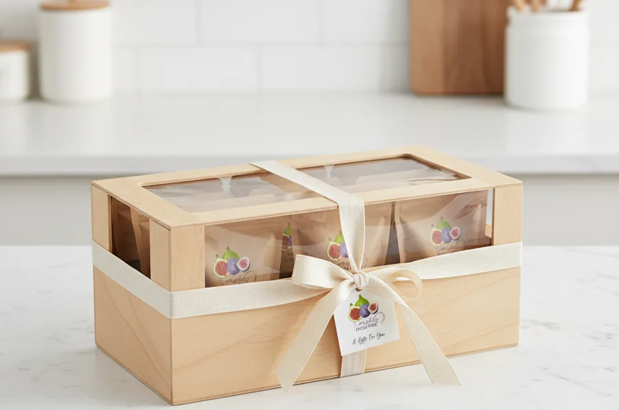 Wooden gift box of dried figs tied with a ribbon