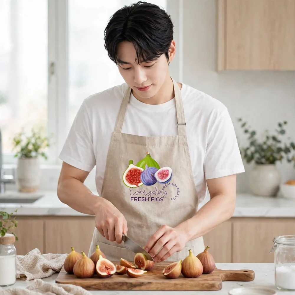 Slicing fresh figs in a bright kitchen, wearing an Everyday Fresh Figs apron