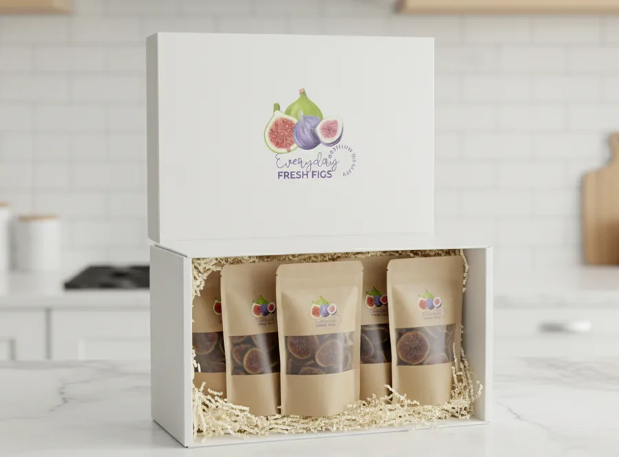 White Everyday Fresh Figs gift box filled with dried fig pouches