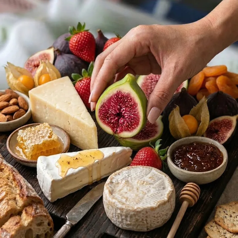 Cheese board with fresh figs, honey, fig jam and fruit