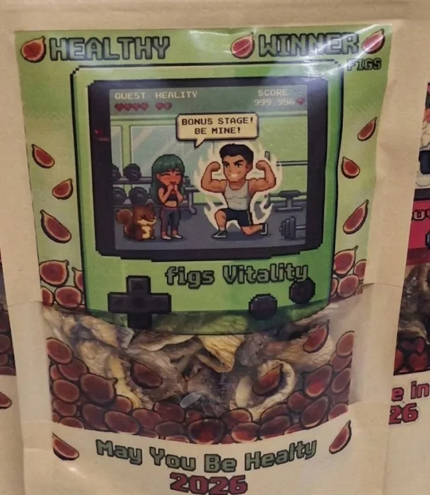 Healthy Winner dried fig pouch with a green game-console label