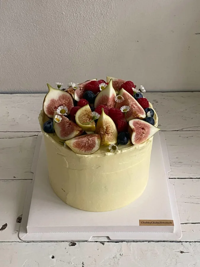 A home baker's cake topped with our figs